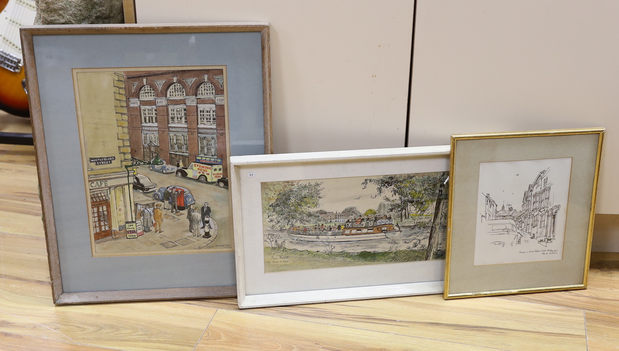 Moira Hoddell, two ink and watercolours, Star, News and Standard and The Thames at Kew, together with an ink sketch of houses in East Street, Lewes, each signed and inscribed, largest 36 x 26cm